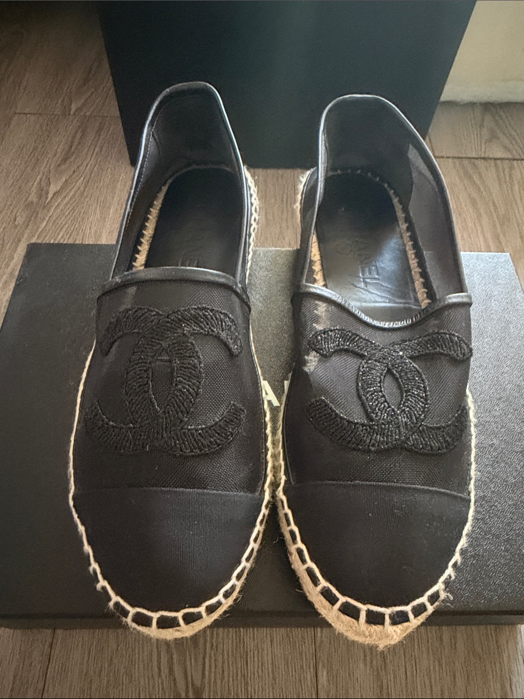 Chanel Black Canvas Espadrille Flats With Interlocking Cc